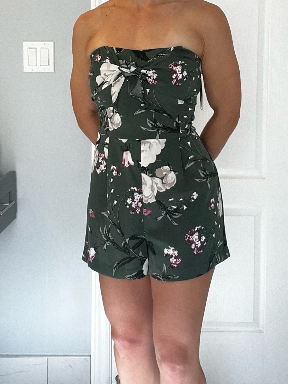 Dynamite Forest Green Floral Strapless Romper